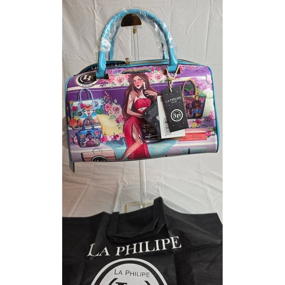 La Philipe Bold Beauty Satchel Handbag Turquoise Purple Floral Graphic LP1020